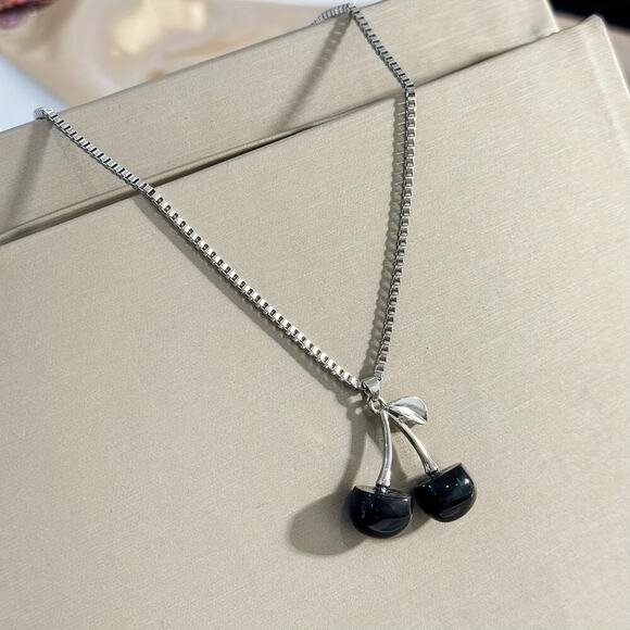 NEW Silver Necklace with Black Cherry Charm, Cherry Jewelry, Retro Jewelry, y2k - Picture 2 of 3